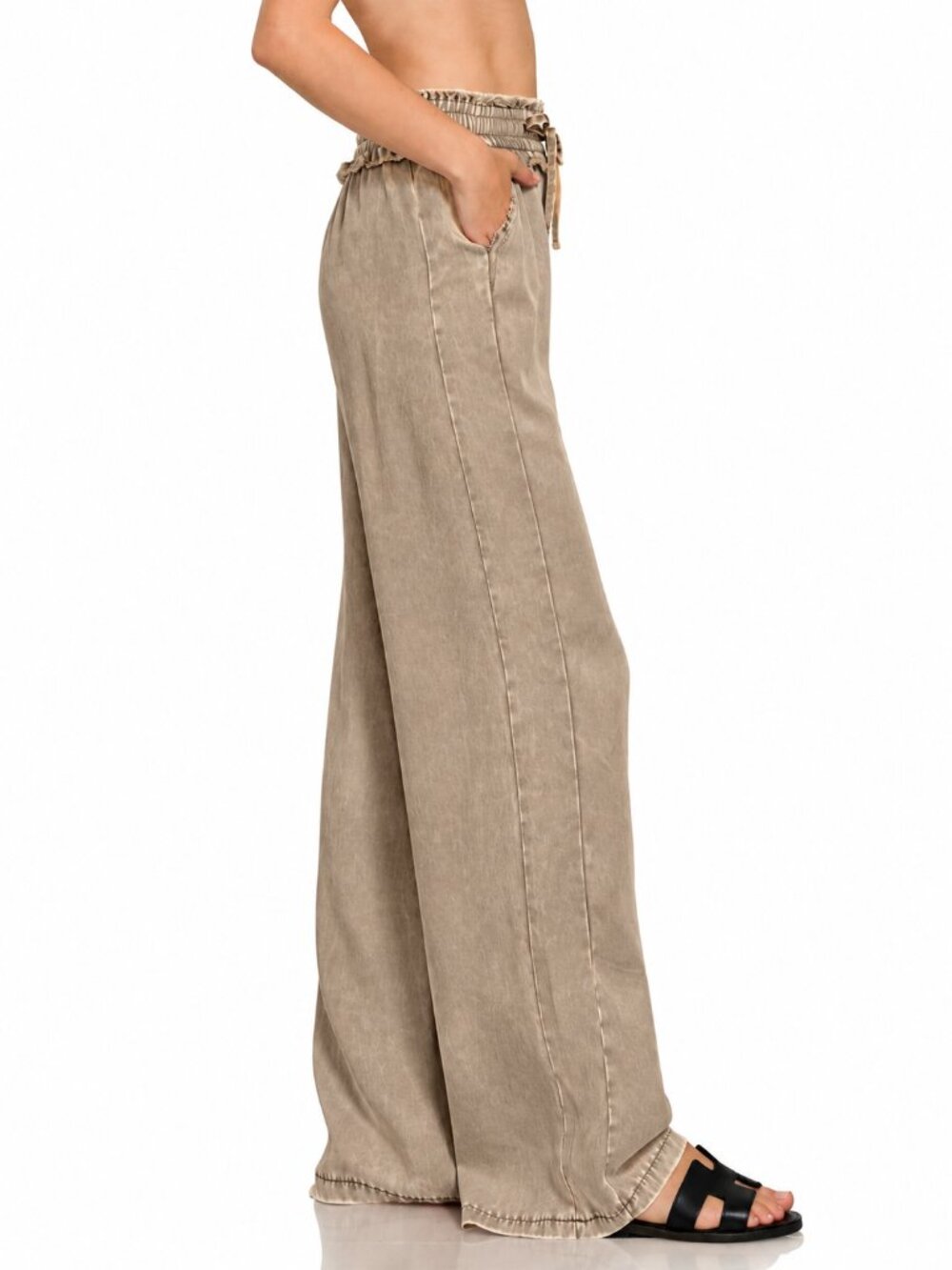 Premium Tencel Mineral Wash Flowy Wide Leg Pants Soft Drapey Neutral Loose Boho - Picture 5 of 12